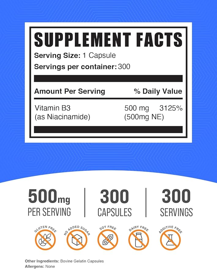 BulkSupplements.com Gélules de Niacinamide - Supplément de Niacinamide, Supplément de Vitamine B3, Niacinamide 500mg - Sans Gluten, 1 Gélule par Portion, 300 Gélules (Paquet de 1)