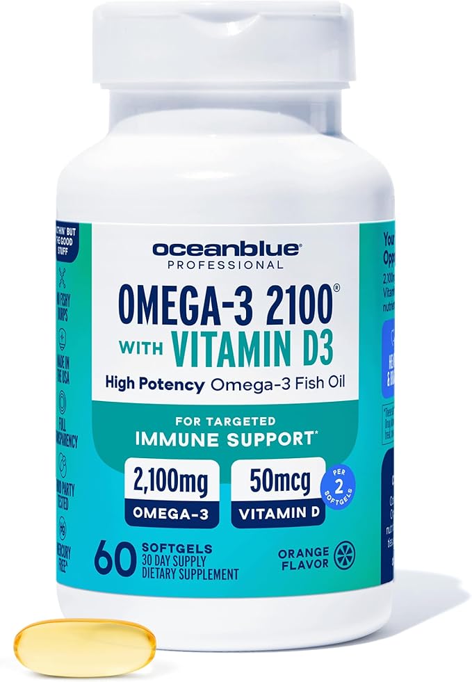 Oceanblue Professional Omega-3 2100 with Vitamin D3 – 60 ct – Triple Strength Burpless Fish Oil Supplement with High-Potency EPA, DHA, DPA and Vitamin D3 – Wild-Caught – Orange Flavor (30 Servings)
