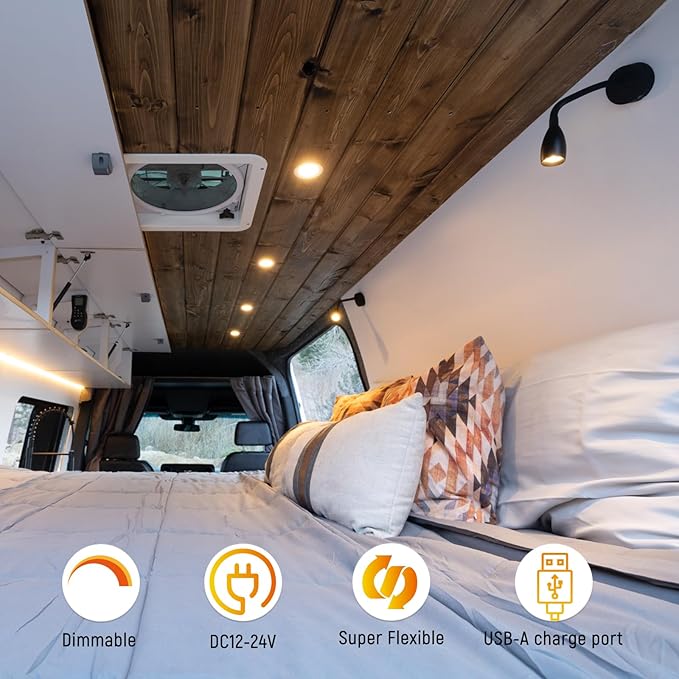 12V LED Dimmable Reading Light 2 Pack, RV Bedside Reading Lamp with USB Charger 12 Volt Flexible Neck Wall Lamp for Camper Van Travel Trailer Truck Boat Interior Lighting