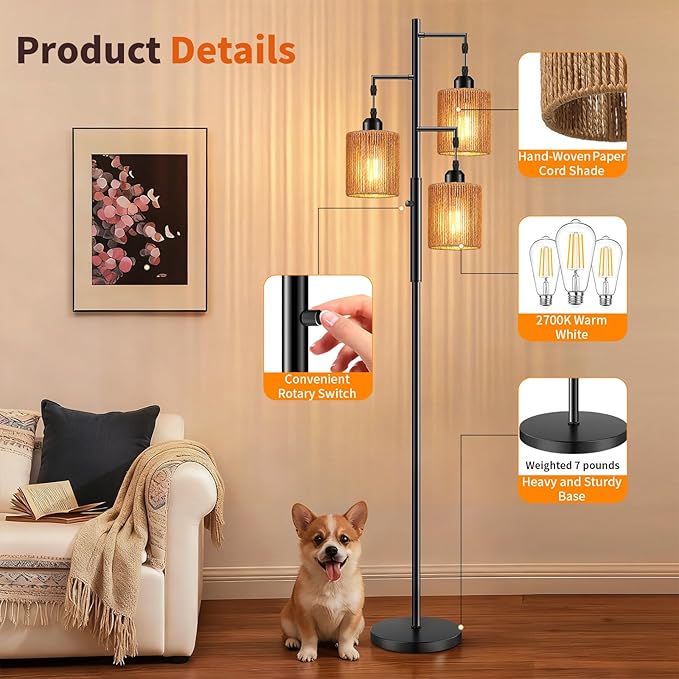 Hotsonic 72" Tall Boho Rattan Style Floor Lamp with Hand-Woven Paper Cord Shade, Dimmable Industrial Tree Standing Lamp for Living Room, Bedroom, Study Room, Office (3 x 800LM Bulbs Included) - Black