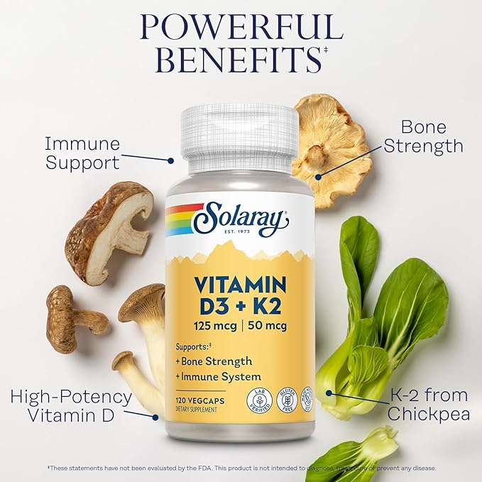 SOLARAY Vitamine D3 K2 - Complément pour la santé osseuse et le soutien immunitaire - Avec 5000 UI de vitamine D sous forme de Vit D3 et 50 mcg de vitamine K2 sous forme de Ménaquinone MK7, sans soja, garantie 60 jours, 120 doses, 120 VegCaps