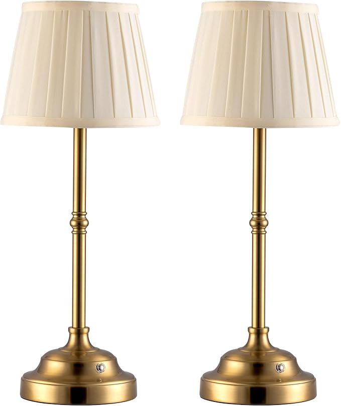KDG Cordless LED Table Lamp Set of 2, Portables Fabric Shade Desk Lamps, 4000mAh Rechargeable Battery Powered Lighting, Dimmable Light for Dining Room, Bedroom, Bedside, Night Light, Balcony (Gold)