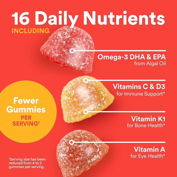 SmartyPants Kids Multivitamin Gummies - Improved Formula: Omega 3 (DHA/EPA), Vitamins D3, C, B12, B6, Vitamin A, K & Zinc, Gluten Free, Three Fruit Flavors, 80 Count (40 Day Supply)