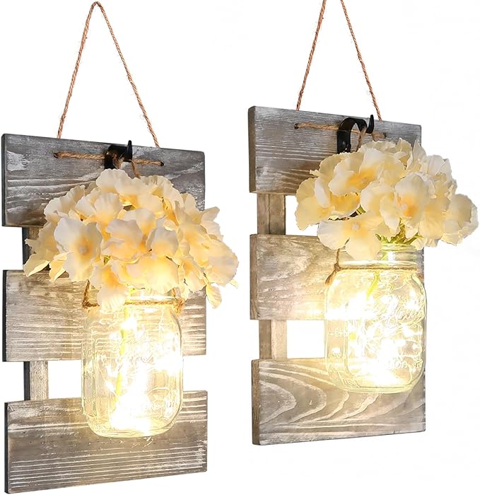 Farmhouse Sconces Wall Decor Set of 2, Dining Room Art Wall Decor, Home Decor,Living Room, Bathroom, Hanging Vintage Wall Sconce 6-Hour Timer, Gray