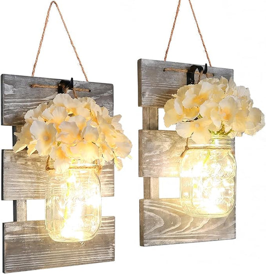 Farmhouse Sconces Wall Decor Set of 2, Dining Room Art Wall Decor, Home Decor,Living Room, Bathroom, Hanging Vintage Wall Sconce 6-Hour Timer, Gray