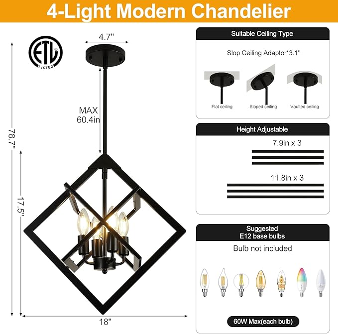18" Modern Black Chandelier for Dining Room, No Assembly Required 4-Light Dining Room Light Fixture Over Table, Industrial Metal Hanging Pendant Lights Fixture for Kitchen Island, Entryway, Foyer