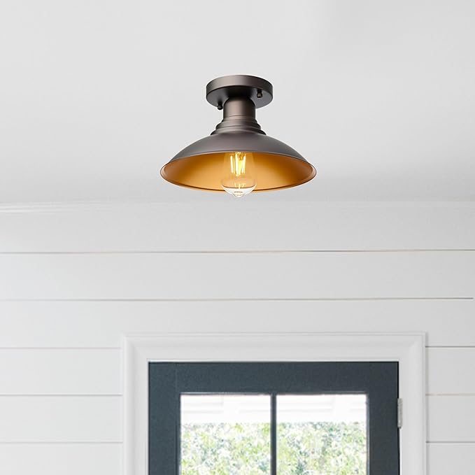 GOLDHILL 10.5" Outdoor Semi Flush Mount Light 2 Pack, Bronze & Gold Metal Ceiling Fixture Set, Rust-Proof Powder Coated Exterior Lighting for Porch, Garage & Hallway