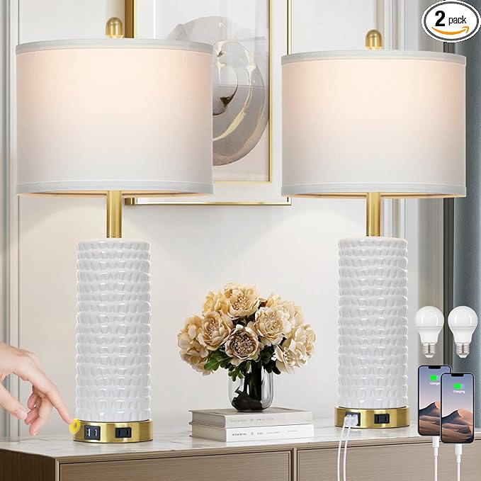 Cinyirong 26" White Table Lamps for Living Room Set of 2, Ceramic Bedroom Lamps for Nightstands, Modern Bedside Lamps for Bedroom Living Room, Nightstand Lamps for End Table, Hallway, Gold and White