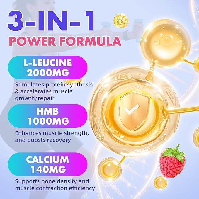 2 Pack HMB and L-Leucine 3000mg with Calcium Gummies - Muscle Support & Recovery for Adults & Elderly, Vegan, Non-GMO, Gluten Free, 120 Gummies