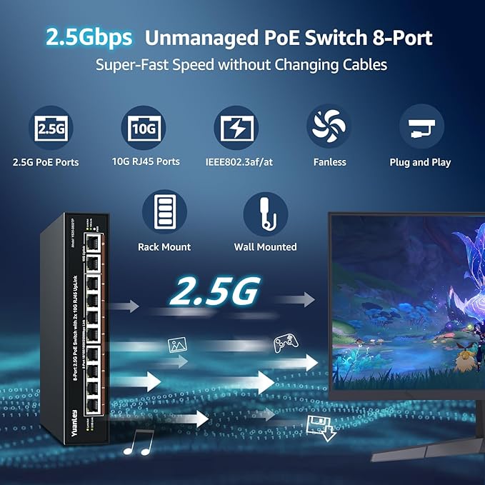 YuanLey 8 Port 2.5G PoE Switch Unmanaged, 8 x 2.5G Base-T PoE Ports, 2X 10G RJ45 UpLink,120W PoE Budget, Metal Fanless, 10 Port 2.5Gbe/10G PoE Ethernet Switch for NAS, Gaming PC, AP