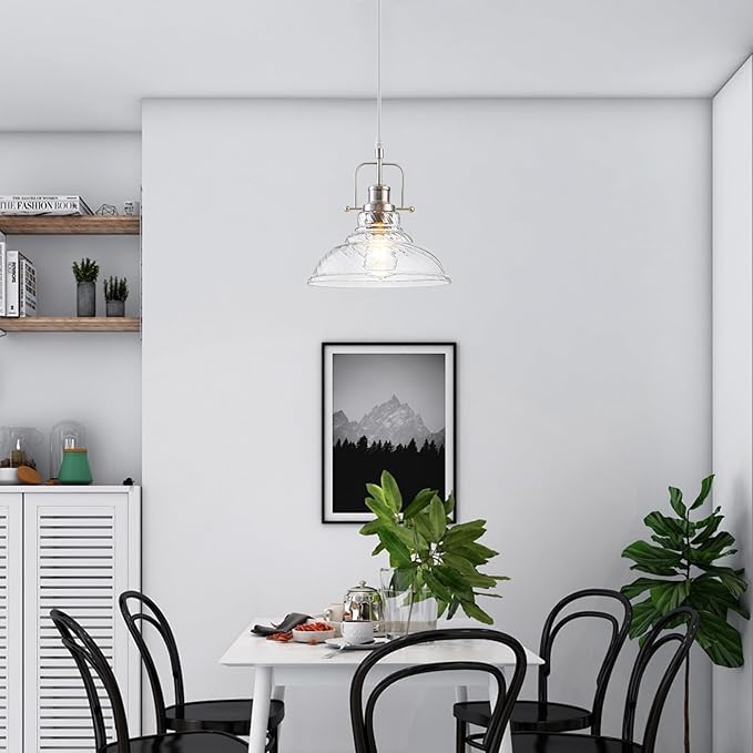 WILON Brushed Nickel Striped Glass Chandelier Pendant Lights Kitchen Island Lighting, Modern Hanging Lamp for Sink Dining Room Over Table Hallway Entryway Bar Foyer Bathroom