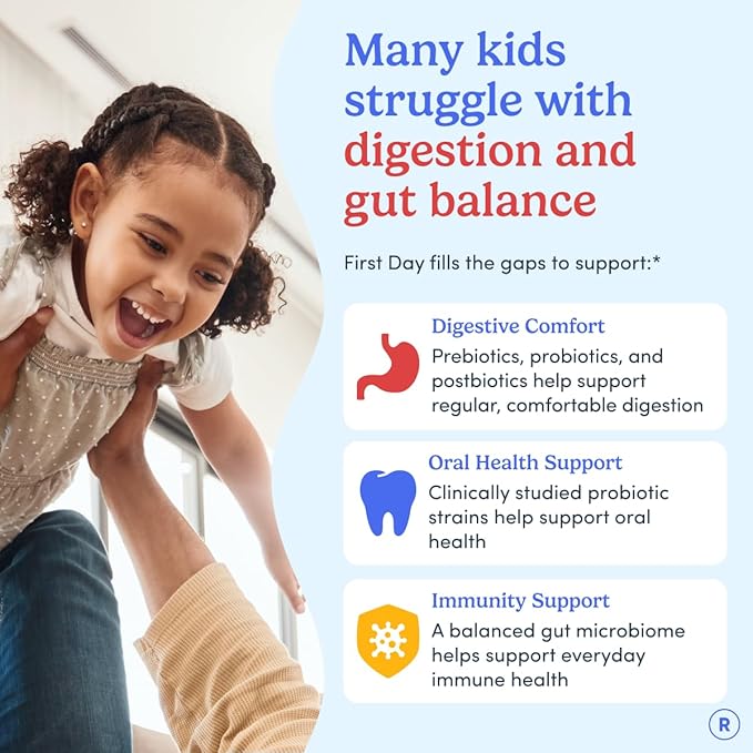 Gummies Probiotiques Enfants FIRST DAY - Probiotiques 3-en-1 pour enfants + Prébiotiques et Postbiotiques - Prébiotiques et Probiotiques pour la Santé Digestive et le Soutien Immunitaire – Végétalien, Sans Gluten, Approvisionnement de 30 Jours