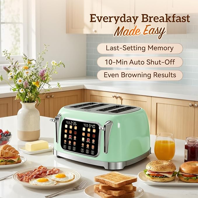 RONGBEST Retro Stainless Steel Toaster 4 Slice with Wide Slot Touch Screen, 6 Browning Levels for Breakfast Bagel & Bread, Reheat & Defrost, Removable Crumb Tray, Mint Green