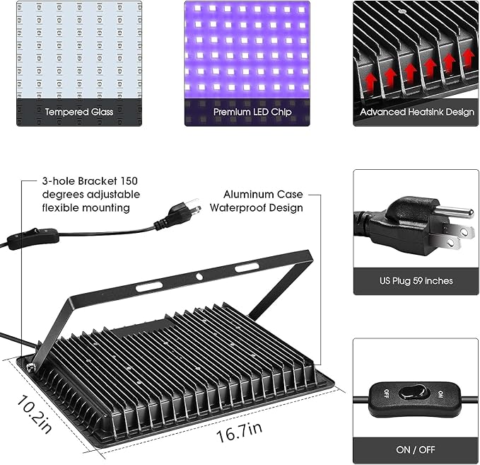 XYCN 4 Pack 500W LED Flood Black Lights,395nm to 405nm UV Outdoor Flood High Power Blacklight Light with Plug in, IP66 Waterproof Large Black Light Spotlight for Glow Party Large Space, Halloween