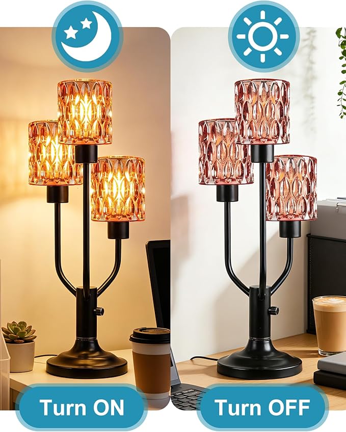 Mid Century Modern Table Lamp for Living Room Dimmable Nightstand Lamp Black Vintage Desk Lamp with Red Glass 3 Bulbs Included Warmwhite Ambient Bedside Lamps for Bedroom Office Home Decor