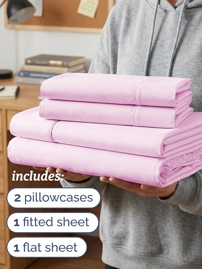 Twin XL 4 Piece Sheet Set - Comfy Breathable & Cooling - Ultra Soft Hotel Luxury Bedding Set w/ 8-16 Inch Deep Pockets - 1 Flat & 1 Fitted Sheet & 2 Pillowcases - Wrinkle Free & Easy Care - Light Pink