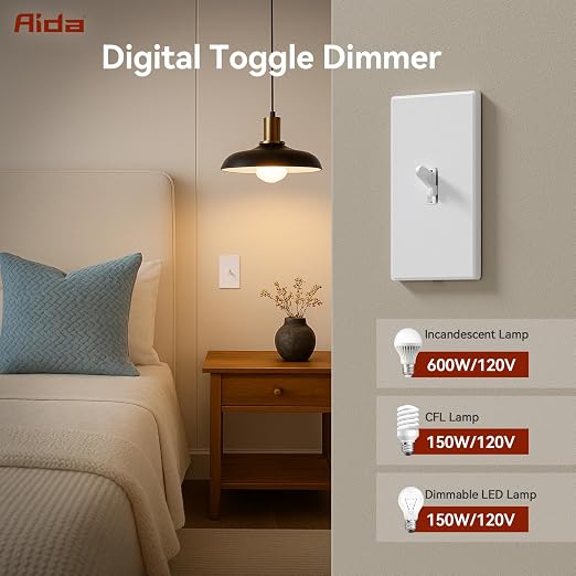 AIDA Digital Toggle Dimmer Switch for Dimmable LED, CFL & Incandescent Bulbs, Single Pole/3-Way, Screwless Wall Plate Included, UL Listed, No Neutral Wire Needed, Matte White (2 Pack)