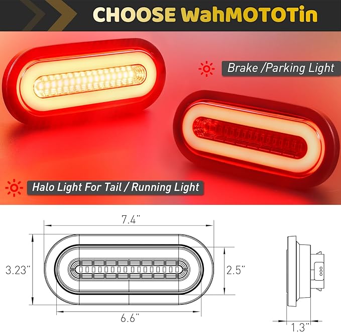 2Pcs 6" inch Smoked Lens Oval Red 52 LEDs Trailer Boat Halo Brake Stop Running Turn Signal Tail Lights【Patented】 w/Rubber Grommet, Sealed Submersible IP67 for Truck/RV/Van, DC 12V