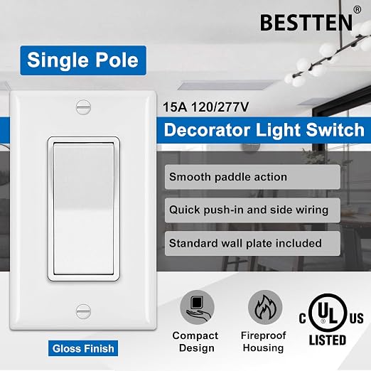 [50 Pack] BESTTEN Single Pole Decorator Wall Light Switch with Wallplate, 15A 120/277V, On/Off Rocker Paddle Interrupter, UL Listed, White