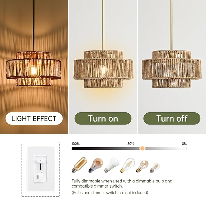 12.4” Boho Rattan Chandelier for Dining Room, 1-Light Hand Woven Farmhouse Pendant Light Fixture, Coastal Wicker Hanging Ceiling Light for Kitchen Island Living Room Bedroom Entryway Foyer