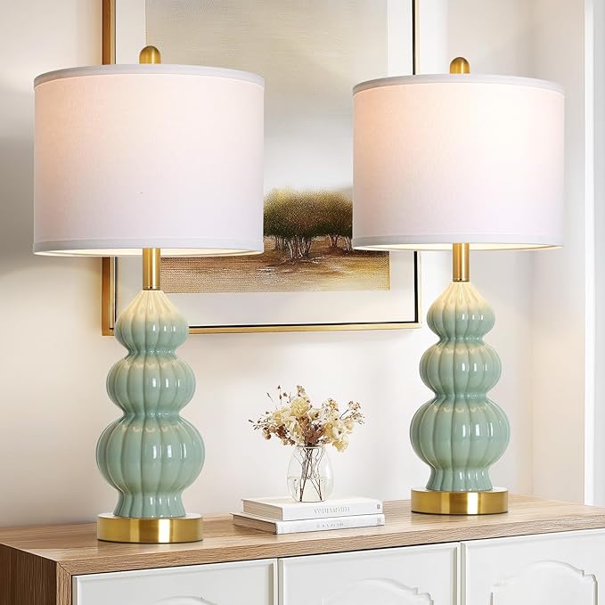 Cinyirong 28" Green Ceramic Table Lamps Set of 2, Modern Bedside Lamps for Night Stands, Triple Gourd Table Lamp for Living Room End Table or Bedroom Nightstand (2 LED Bulbs Included)