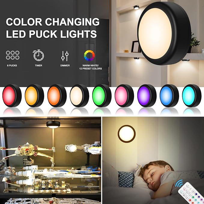 BLS LED Puck Lights with Remote Control, Wireless Under Cabinet & Closet Lighting, RGB 13 Color Changing Lights with Dimmer, Timer & AA Battery Operated, Push, Touch, Stick on for Night, Black, 2 Pack