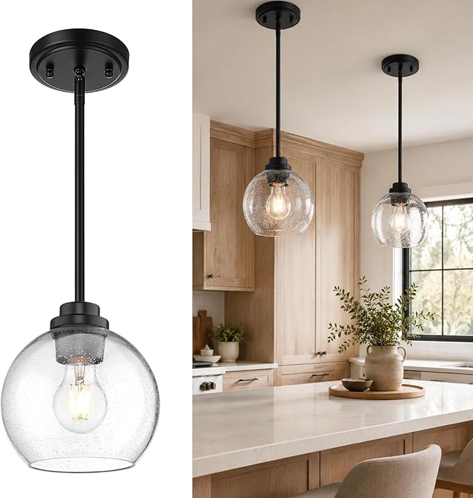 Pendant Lights Kitchen Island, 7" Modern Black Hanging Lights Fixtures with Clear Seeded Glass Globe Shade, Kitchen Island Lighting for Bathroom, AD-22280-1P-BK-S