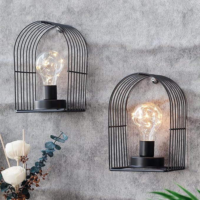JHY DESIGN Set of 2 Battery Operated Wall Sconce 7''H Metal Wall Mount Lamp with 6-Hour Timer and Fairy Lights Bulb Table Lamp Wall Decor for Bedroom Living Room Hallway Stairway(Arch Shape)