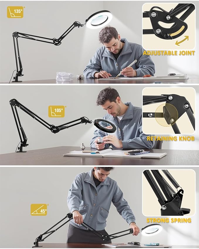 12X Magnifying Glass with Light and Clamp, Ultra Long 3 Section Swing Arm LED Desk Lamp, Real Glass Lens, 5 Color Modes Dimmable, Hands Free Lighted Magnifier with Stand for Repair Craft Close Work