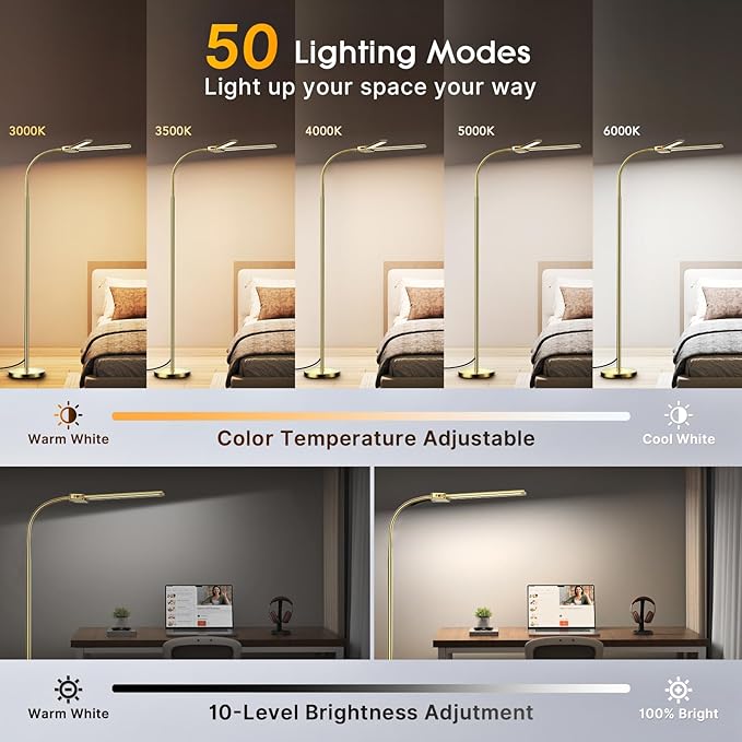Syrinx LED Floor Lamp, 18W 2000LM Bright Reading Floor Lamp for Office, Gesture & Remote Control, Dual Head Gooseneck Standing Lamp, Dimmable Brightness & Color Temp, Floor Light for Living Room, Gold