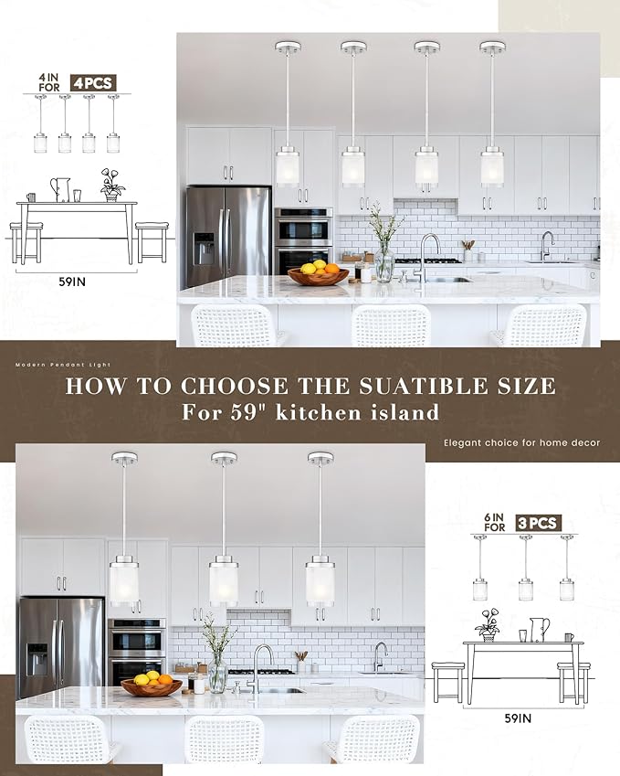 TENGXIN Modern Pendant Light for Kitchen Island, 6 Inch Brushed Nickel Hanging Ceiling Light Fixture,Farmhouse Pendant Lighting for Dining Room Bedroom Bar Office 2Pack,TXPLBN01-2PK-L