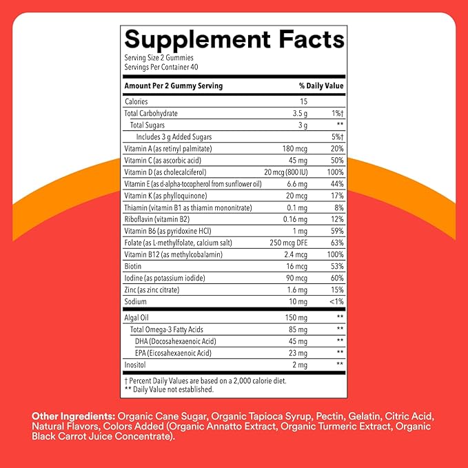 SmartyPants Kids Multivitamin Gummies - Improved Formula: Omega 3 (DHA/EPA), Vitamins D3, C, B12, B6, Vitamin A, K & Zinc, Gluten Free, Three Fruit Flavors, 80 Count (40 Day Supply)