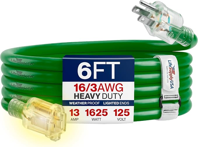 6ft Outdoor/Indoor Extension Cord 16/3 Gauge Heavy Duty 3 Prong SJTW, Waterproof, Flexible Cold-Resistant Long Power Cord,13A 125V 1625W, Green by LifeSupplyUSA