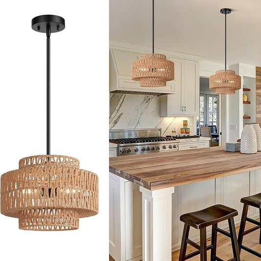 6"-41" Height Adjustable Farmhouse Chandelier Light Fixture, 3-Light Rattan Boho Chandeliers for Dining Room, Hand Woven Pendant Light with Linen Shade, Rustic Hanging Lighting for Kitchen Island
