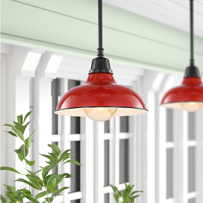 JONATHAN Y 12.25" Red/Black 1-Light Farmhouse Indoor/Outdoor LED Pendant Iron Hanging Light, and Black Metal Shade, Rustic Ceiling Lamp for Kitchen Island, LED Bulb Included (JYL7611E)
