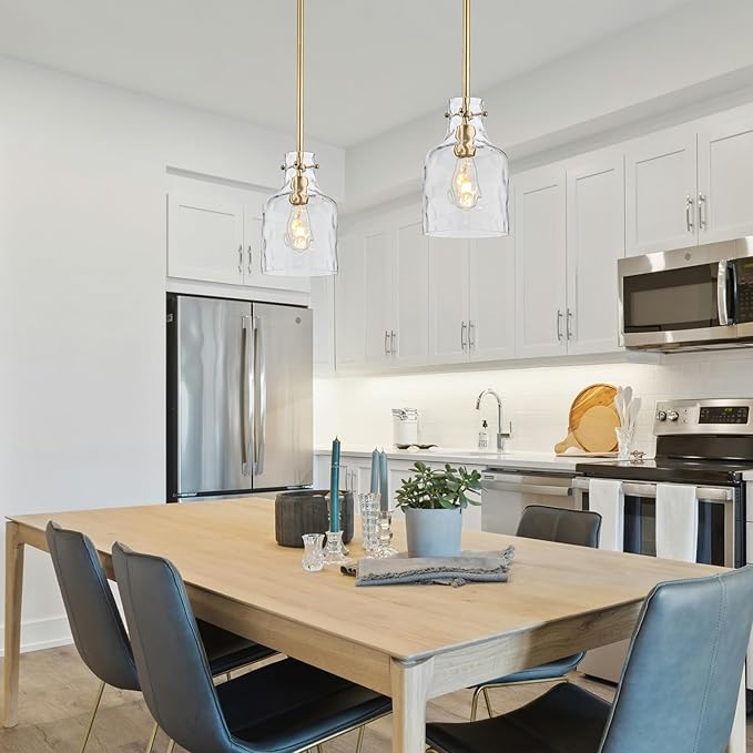 WILON Pendant Light Fixtures,Glass Pendant Lighting for Modern Kitchen Island Adjustable Hanging Ceiling Light 7" Hammered Glass Shade Pendant Lights for Dining Room Kitchen Sink, Gold Metal Finish