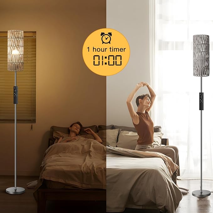 Ambimall 64'' Floor Lamps for Living Room with Remote Control and Stepless Dimmable Colors Temperature & Brightness, Boho Grey Standing Lamp with Grey Rattan Shade