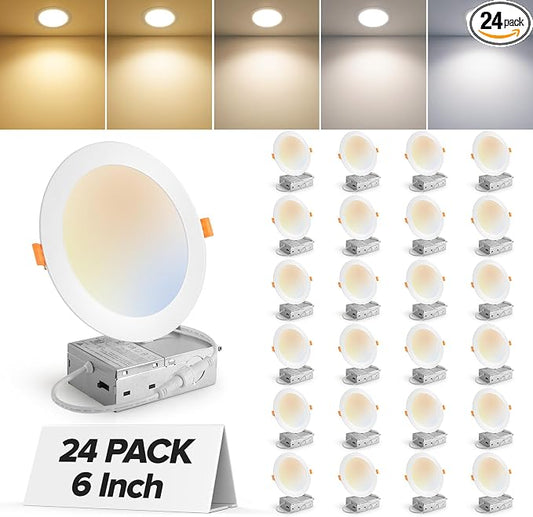 MAILCOS 24 Pack 6 Inch 5CCT Ultra-Thin LED Recessed Ceiling Light with Junction Box, 2700K-5000K Selectable, 1050LM High Brightness, Dimmable Canless Wafer Downlight, 12W 120V, ETL