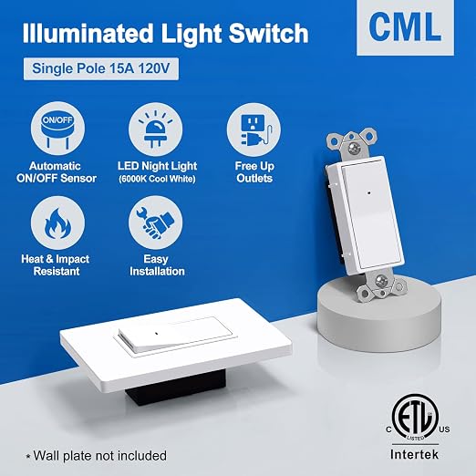CML 10 Pack Single Pole Illuminated Light Switch with Cool White LED Nightlight, Decorator Paddle Rocker Wall Lighted Switch, Automatic On/Off Sensor, 15A 120V, ETL Listed, White