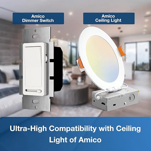 Amico 12 Pack Slide Dimmer Switch, Single-Pole or 3-Way, for Dimmable LED Lights (150W), CFL, Incandescent & Halogen Bulbs (600W), No Wall Plate Included, ETL Listed, White