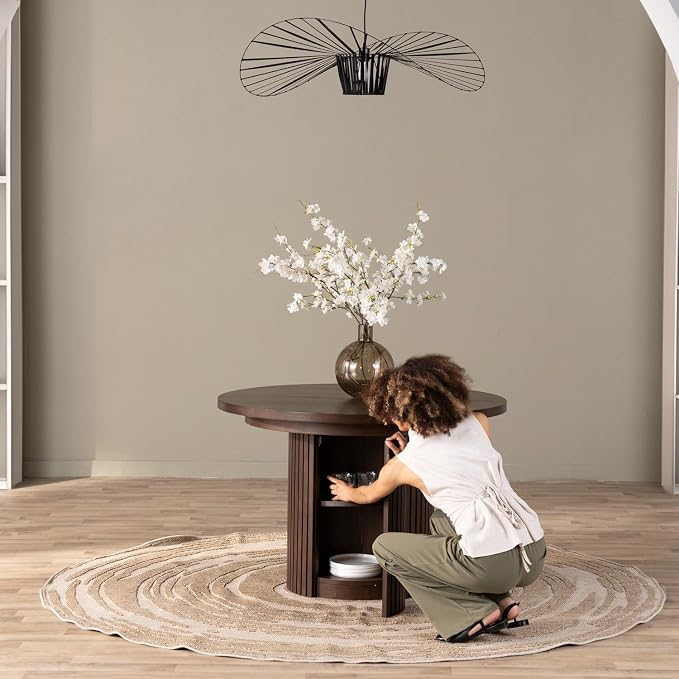 Transformer Table - Solid Wood Extendable Round Dining Table Set with Bench, Seats 4-10, Extendable Round Dining Set, Seat with Hidden Panel Storage, Dark Brown (Table + Bench)