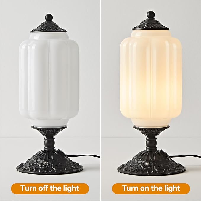 Milk Glass Table Lamp, Touch Control with USB Charging Port Vintage Bedside Desk Lamp Stepless Dimming for Bedroom Living Room Nightstand Led Bulbs Included （White）