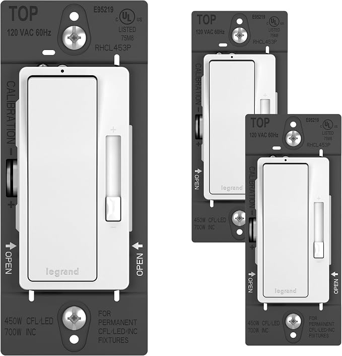 Legrand Radiant CFL/LED Dimmer Light Switch, Single-Pole/3-Way with Locator Light, 0-10V, RHCL453PW3PKCC4, White, 3-Pack