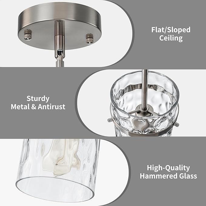 5.5" Brush Nickel Hammered Glass Pendant Light Fixtures, Brushed Nickel Kitchen Pendant Lights, Modern Kitchen Island Light Dining Room Light Farmhouse Island Lights Sink 2 Pack