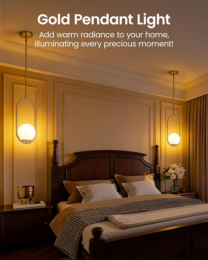 Yunnix Pendant Lights Kitchen Island, Pendant Light Fixtures, Modern Champagne Bronze Globe Glass Pendant Lighting, Mid Century Chandelier One Light for Bathroom Bedroom Dining Room