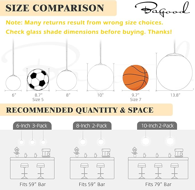 Bagood 8" Globe Pendant Light Black 2 Pack Mid Century Pendant Light Globe Pendant Lights Kitchen Island Matte Black Finished with Milk Glass Adjustable Ceiling Light Fixtures for Dining Room Bar