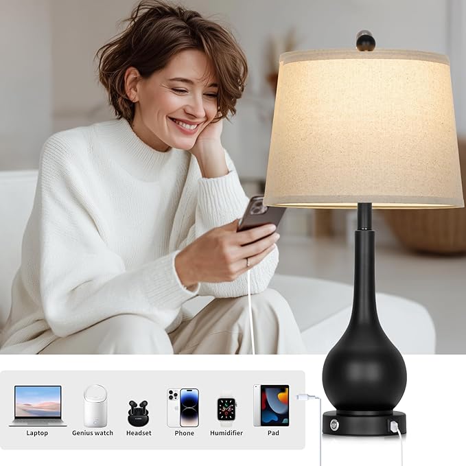 Rinweey 26" Black Table Lamp for Living Room Single, Touch Control Bedside Lamp for Nightstand, 3-Way Dimmable End Table Lamp for Bedroom with USB Charging Port (1 Pack)