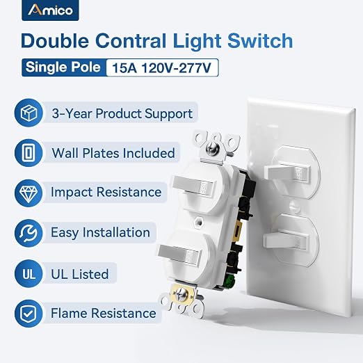 Amico 2 Pack Double Light Switch, UL Listed, Decorator Dual Single Pole Paddle Switch,15 Amp 120/277V, Grounding Screw, for Residential & Commercial Use, Wall Plate Included, White
