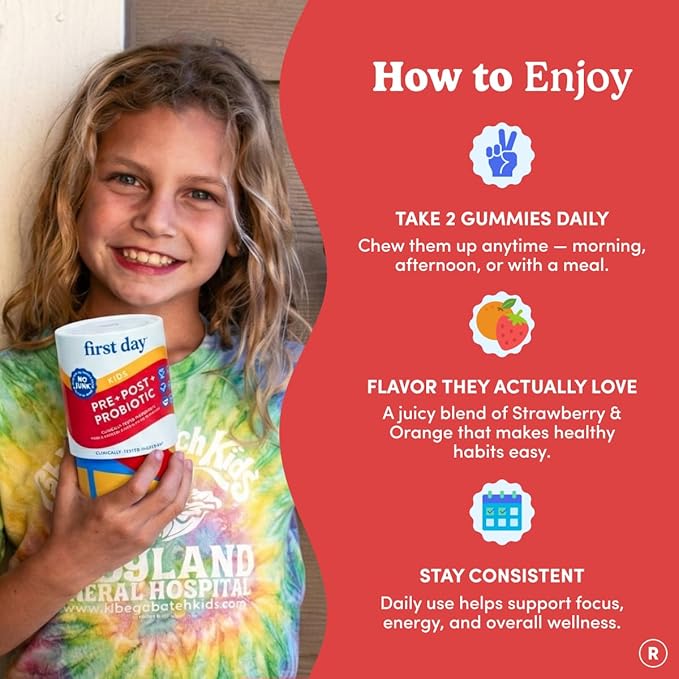 Gummies Probiotiques Enfants FIRST DAY - Probiotiques 3-en-1 pour enfants + Prébiotiques et Postbiotiques - Prébiotiques et Probiotiques pour la Santé Digestive et le Soutien Immunitaire – Végétalien, Sans Gluten, Approvisionnement de 30 Jours