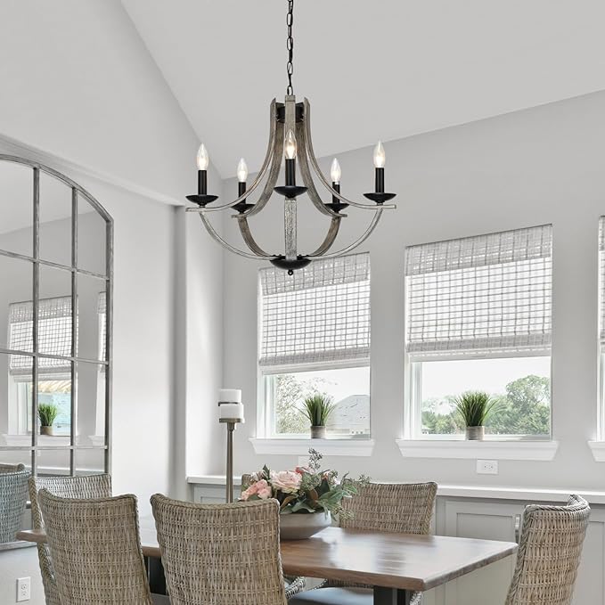 LAMPKEDUO Rustic Farmhouse Chandeliers for Dining Room, 5-Light 24 inch Faux Wood Texture Hanging Light Fixture, Candle Style Chandelier for Living Room Kitchen Island Foyer Entryway